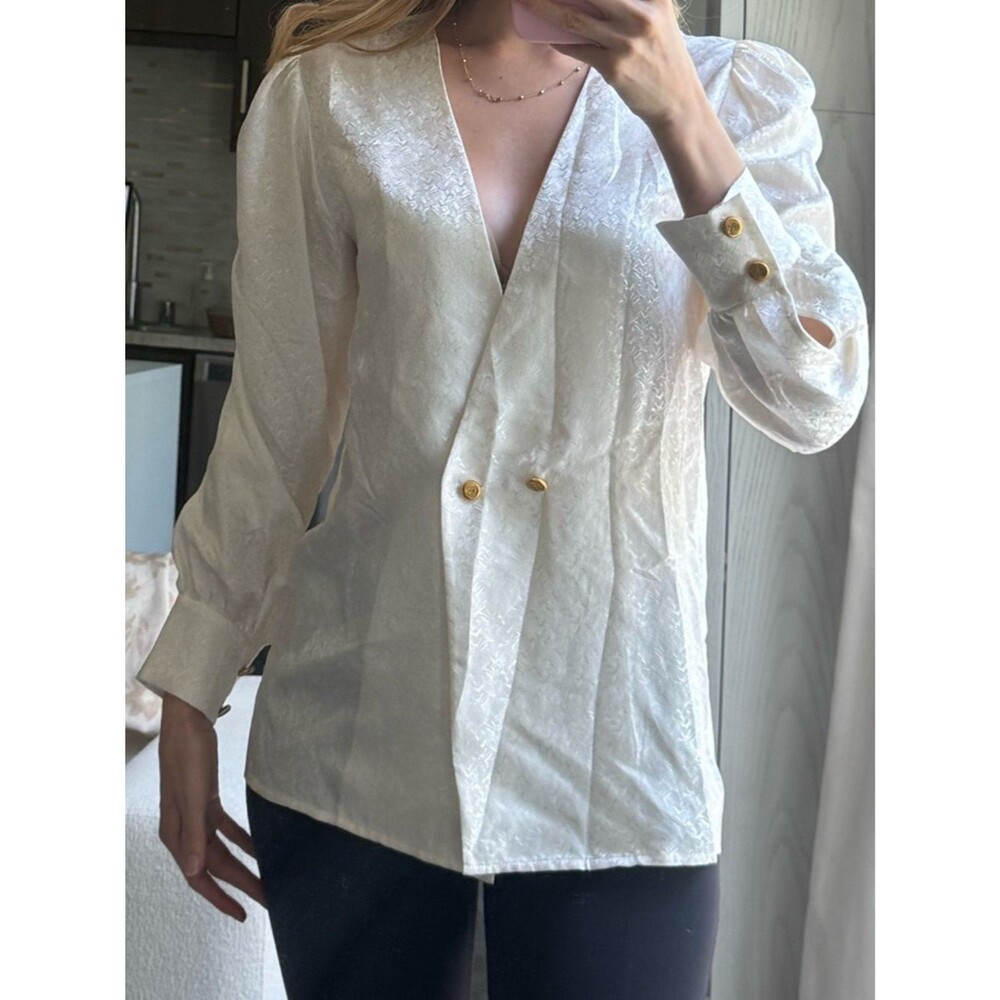 EENK Ivory Jacquard Blouse Blazer Gold Button Minimalist Designer Quiet Luxury